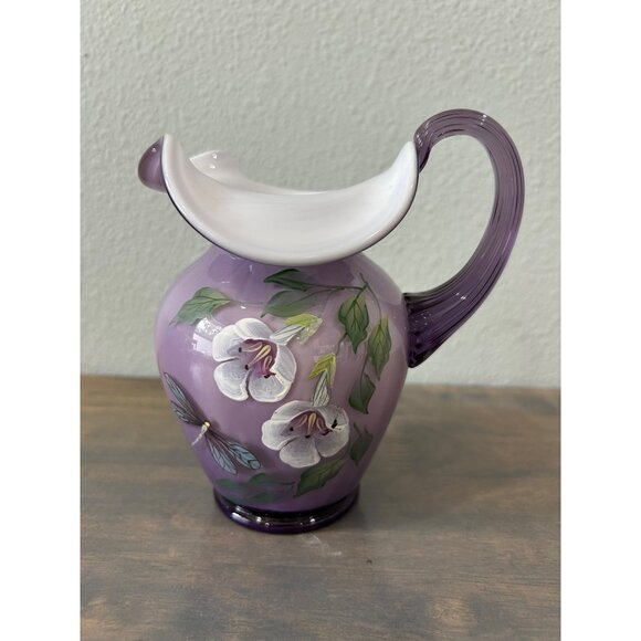 Fenton Hand Painted Signed Lavender Pitcher Dragonfly flowers - Picture 1 of 10